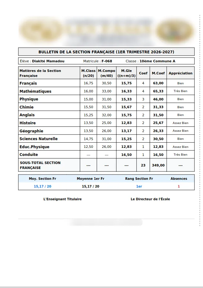 Bulletin trimestriel généré par MSIS : notes par matière, coefficients, moyennes, appréciations et rang