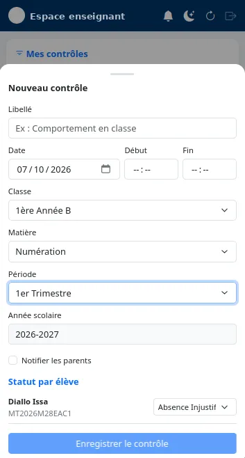 Saisie d'un contrôle par l'enseignant : classe, matière, période et statut de chaque élève