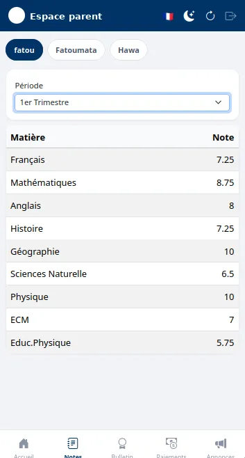 Notes d'un enfant dans l'espace parent de MSIS