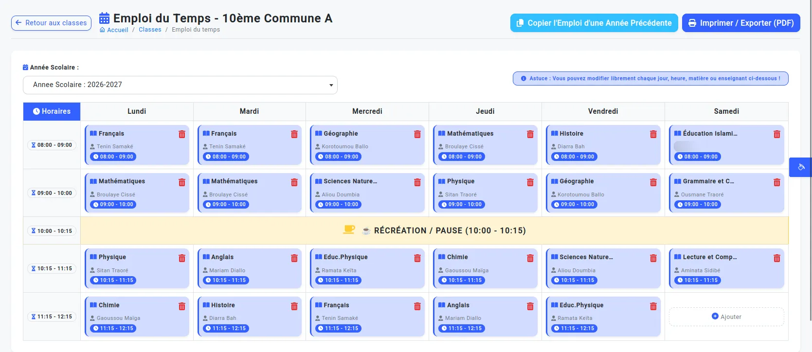 Emploi du temps d'une classe dans MSIS